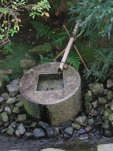 つくばいの水を抜いて石面をたわしで掃除する様子