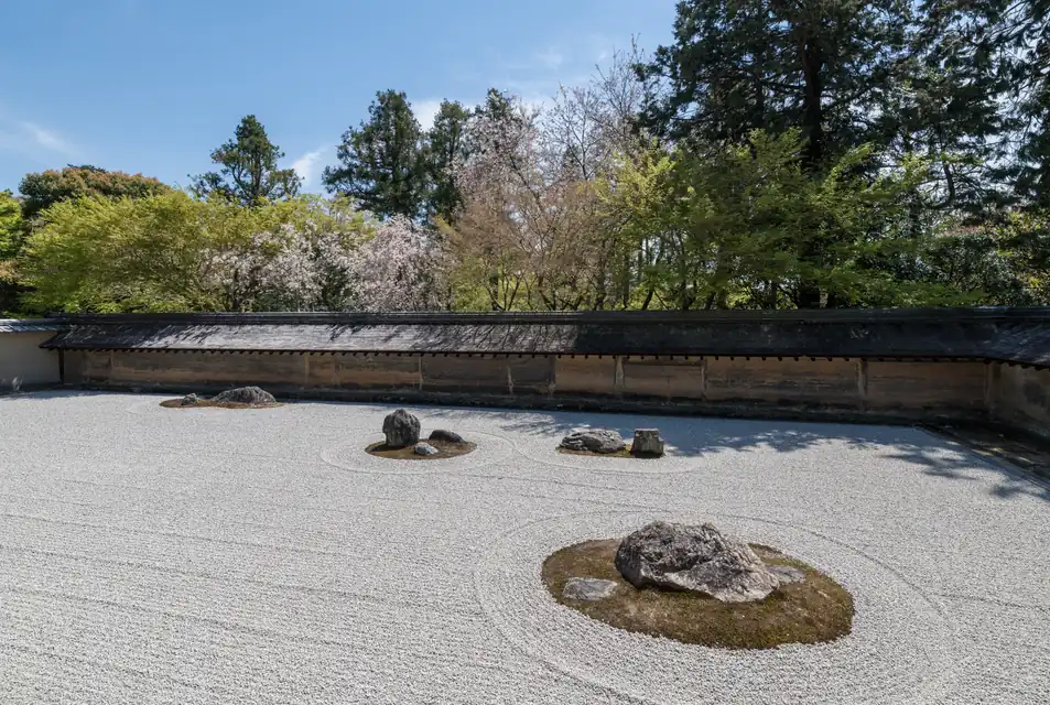 枯山水の白砂に描かれた砂紋と石組み